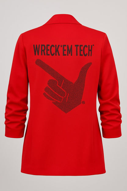 Licensed Game Day Blazer, Ruched Red, Texas Tech Wreck Em Tech Guns Up Hand