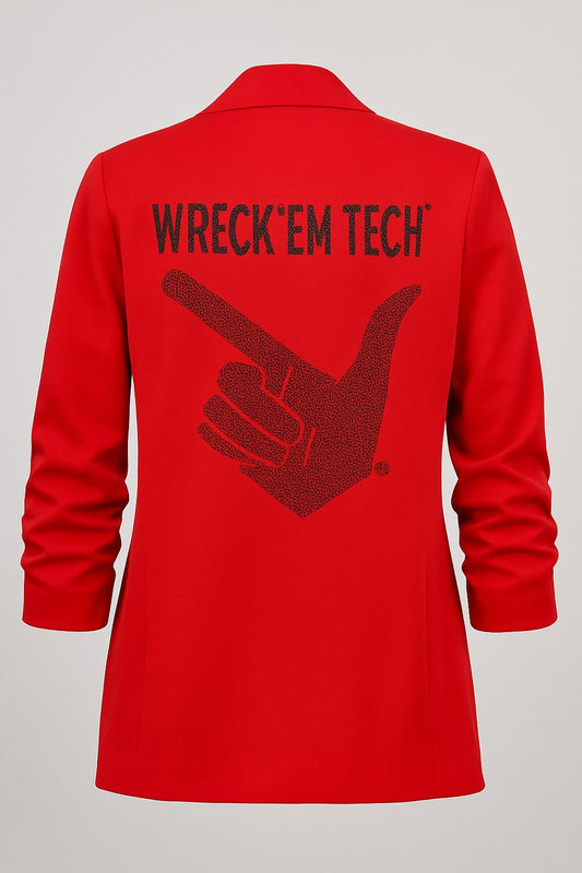 Licensed Game Day Blazer, Ruched Red, Texas Tech Wreck Em Tech Guns Up Hand