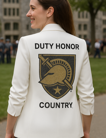 Licensed Game Day Blazer, White Ruched, Army West Point Duty Honor Country Athena Shield
