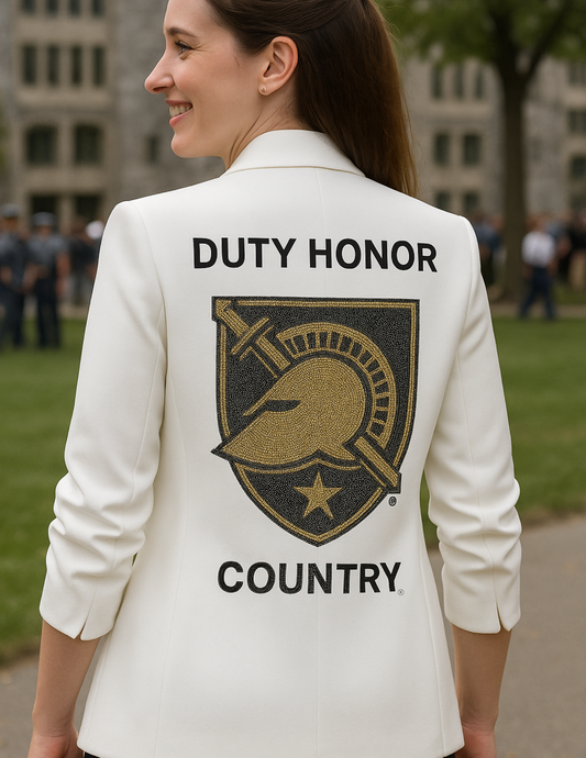 Licensed Game Day Blazer, White Ruched, Army West Point Duty Honor Country Athena Shield