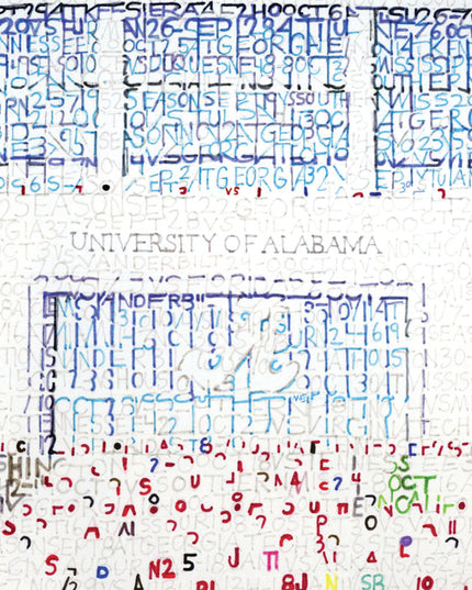 Detail of Bryant-Denny Stadium shows how handwritten Crimson Tide victories form crowd at main gate of the Alabama stadium.