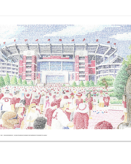 Unframed word art print of Bryant Denny Stadium shows crowd entering the Alabama stadium, handwritten with Crimson Tide win.