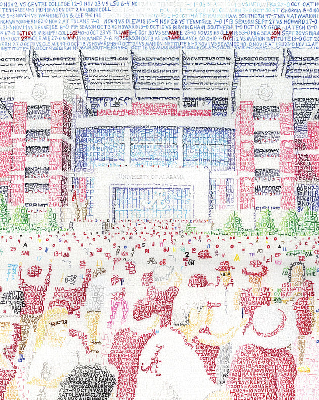 Word art view of crowd entering Bryant Denny Stadium at University of Alabama, handwritten with every Crimson Tide win.