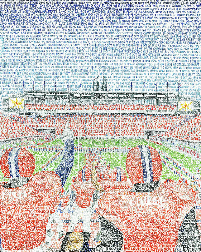 Word art scene of Clemson Tigers taking the field at Clemson Memorial Stadium, handwritten with the team’s wins through 2018.