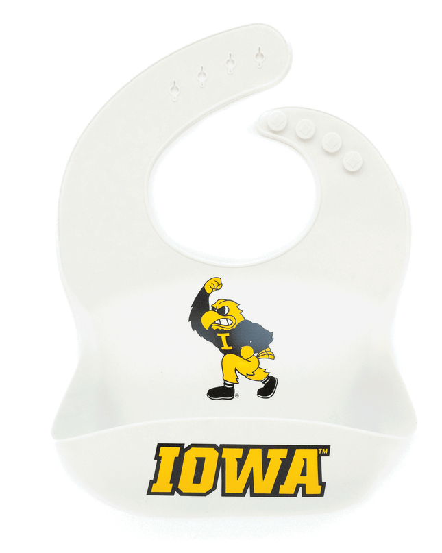 Iowa Hawkeyes Fighting Herky Silicone Baby Bib - Tailgate Tikes - Iowa Hawkeyes Fighting Herky silicone baby bib, BPA-free, easy to clean, featuring the Fighting Herky mascot for game-day fun.