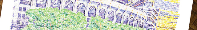  Purple and yellow LSU Tiger artwork of LSU stadium and green trees comprised of words on wood table.