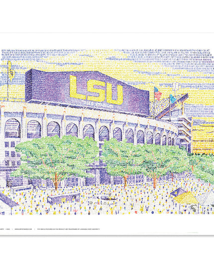 Purple and yellow LSU Tiger arwork of LSU stadium and green trees and spectators comprised of hand-written words.