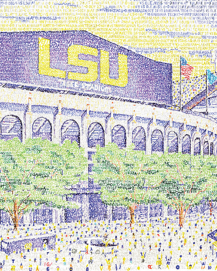 Purple and yellow LSU Tiger drawing of LSU stadium comprised of words with green trees and spectators also made of words.