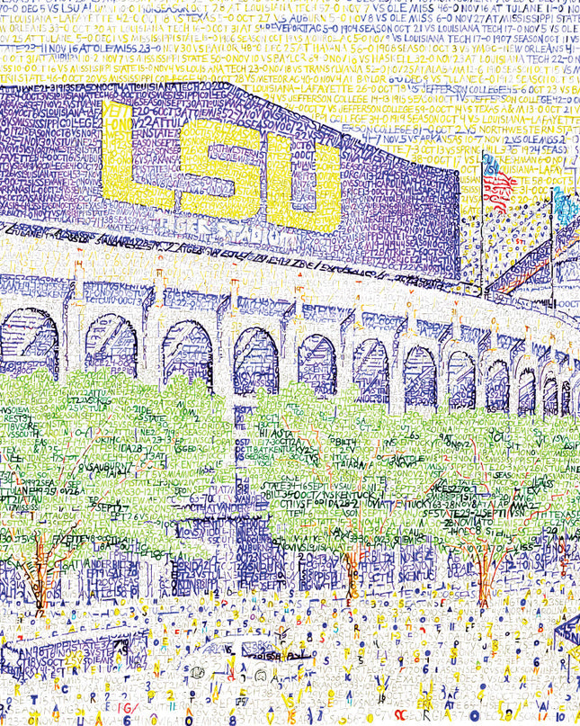 Purple and yellow LSU Tiger drawing of LSU stadium comprised of words with green trees and spectators also made of words.