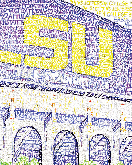 Purple and yellow LSU Tiger drawing with LSU made of hand-drawn words describing LSU tigers on side of stadium.