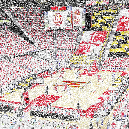 Artwork of University of Maryland Men’s Basketball Xfinity Center made with handwritten names of every team player and coach.