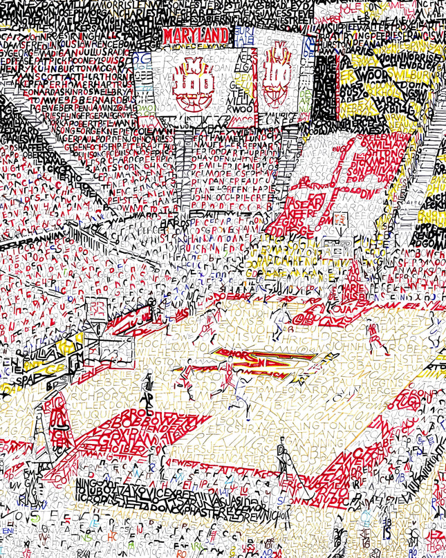 Artwork of University of Maryland Men’s Basketball Xfinity Center made with handwritten names of every team player and coach.