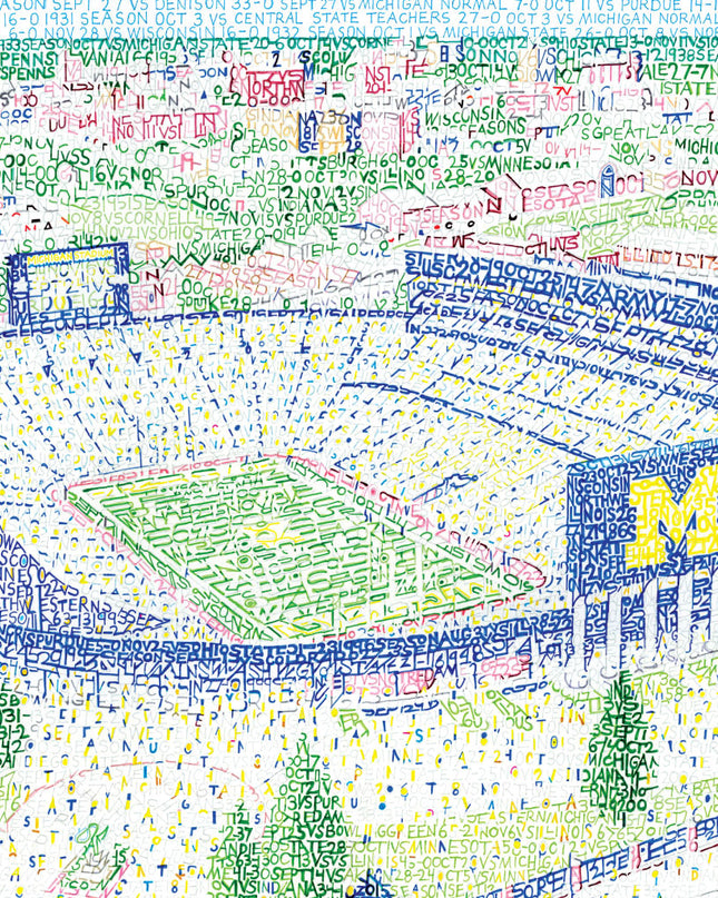  Illustration made of hand-written words of ariel view of the big house Michigan Stadium, perfect as Michigan Wolverines gift. 