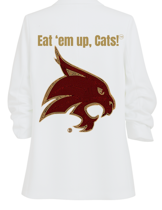 Licensed Game Day Blazer, Ruched White, Texas State Bobcat Eat Em Up Cats