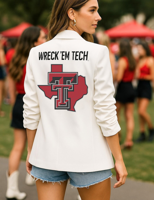 Licensed Game Day Blazer, Ruched White, Texas Tech Wreck Em Tech TT