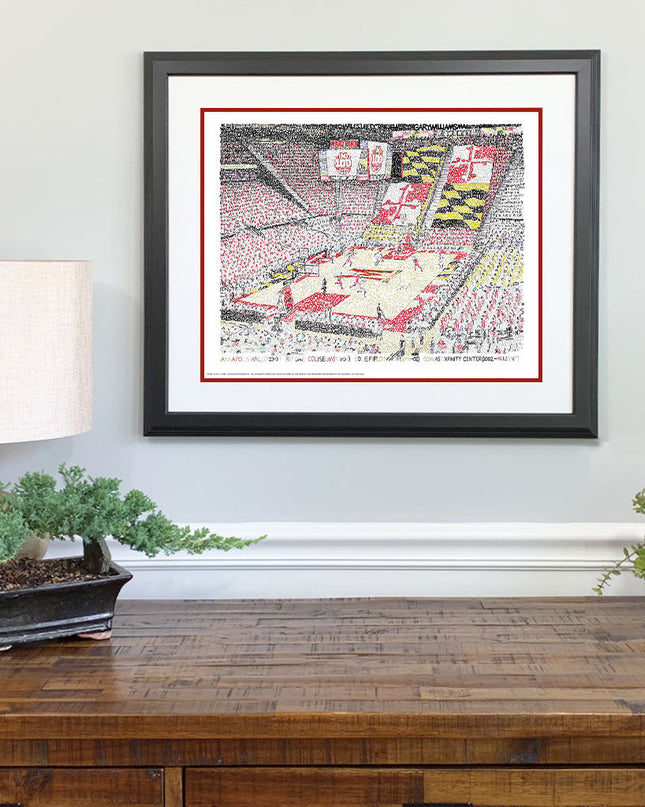 Maryland gift art of Xfinity Center made with handwritten names of every team player and coach above wood dresser.
