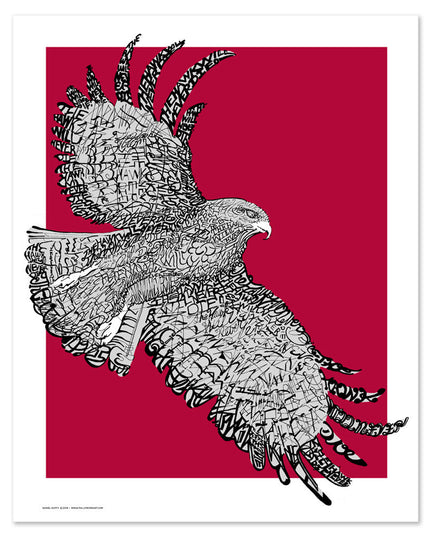 Art print of St. Joseph Hawk made with handwritten phrase "The Hawk Will Never Die" with red background.