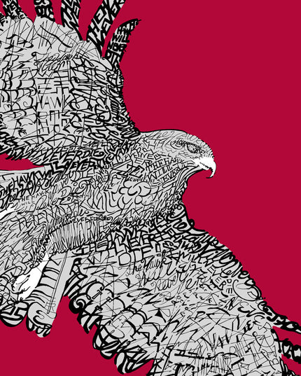 Art of St. Joseph Hawk of St. Joseph's University made of handwritten phrase "The Hawk Will Never Die" with red background.
