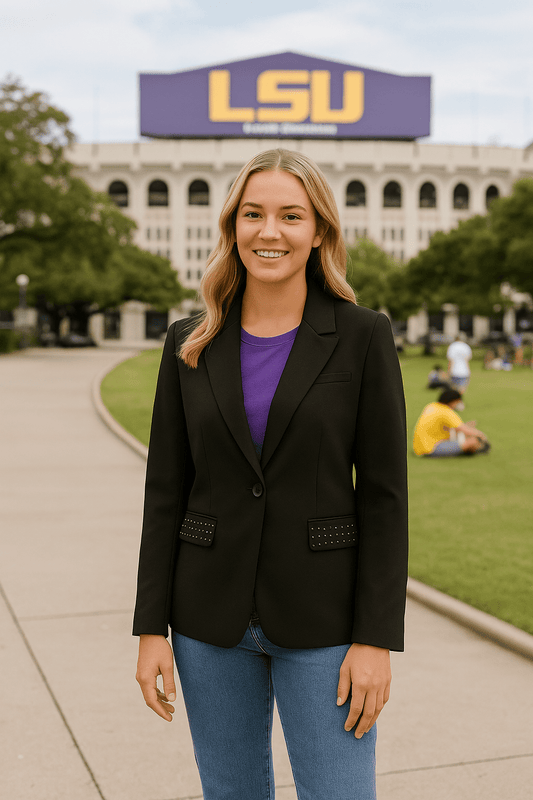 Licensed Game Day Blazer, Black w/ Pink Lining, LSU w/ Tiger Eye & Waterfall Pockets