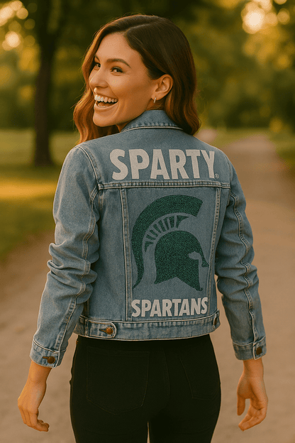 Licensed Game Day Jacket, Blue Denim, Michigan State Sparty Spartan Helmet