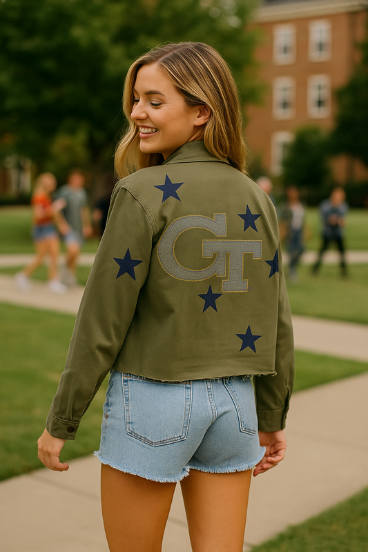 Licensed Game Day Jacket, Cropped Army Shacket, Georgia Tech GT